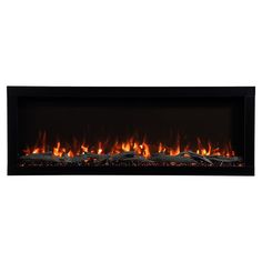 an electric fireplace with fire flames on the side and black frame, in front of white background