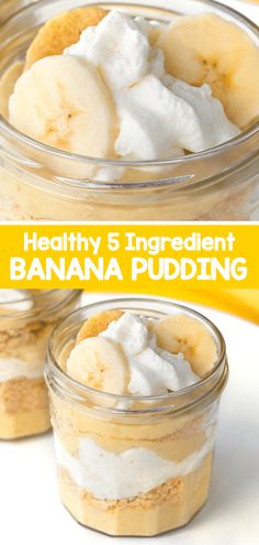 three jars filled with banana pudding and whipped cream