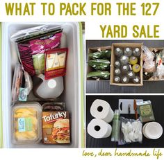 what to pack for the 17 / 7 yard sale in an organized box with text overlay