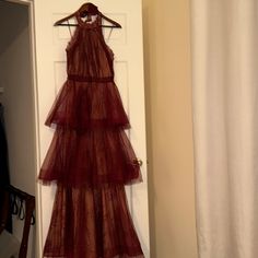 Really Pretty Maroon/Cranberry Dress Red Tiered Maxi Dress For Party, Elegant Red Tiered Midi Dress, Elegant Red Tiered Dress, Red Tiered Dress For Wedding, Red Tiered Wedding Dress, Orange Formal Dresses, Satin Cowl Neck Dress, Cranberry Dress, Vici Dress