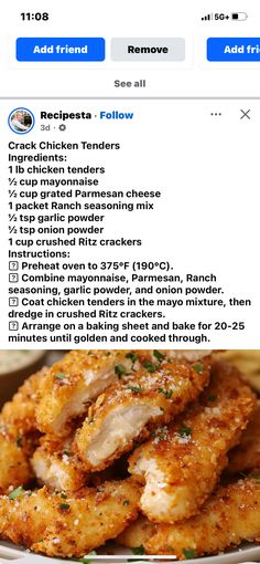 chicken tenders recipe on the app store's food list page, with an image of fried chicken tenders in the bottom right corner