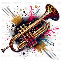 a trumpet with an animal print on it's side and some paint splatters