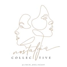 two women's faces with the words nostaldia collective on them, in gold foil