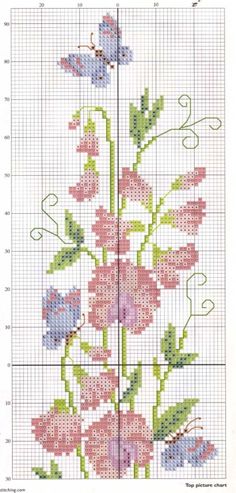 a cross stitch pattern with pink flowers and green leaves on the bottom half of it