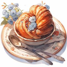 there is a plate with some croissants on it and flowers in the background