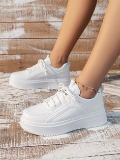 Spring Autumn New Fashion White Athletic Shoes For Women, Leather Upper Comfortable Breathable Thick Sole Round Toe Lace Up Light Weight Flat Casual Sneakers, Outdoor Non-Slip Womens Shoes White Sporty    Plain Skate Shoes   Women Shoes, size features are:Bust: ,Length: ,Sleeve Length: White Sport Shoes, Shoe Storage Hacks, White Athletic Shoes, Women Casual Shoes, Gym Clothes Women, Casual Sneakers Women, Girly Shoes, White Shoes Women, Unique Shoes