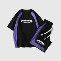 Material: 100% Polyester.Features: Set, tee, shorts, short sleeves, color contrast, drawstring waist, high waist, wide-leg, racing style, loose.Style: Casual, sports Streetwear Tshirt Design, Costume Bags, Races Style, Tee Shorts, Outwear Coat, Mens Pants Fashion, Streetwear Tshirt, Loose Style, Sports Tees