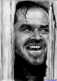 a black and white drawing of a man with his face through the fence, smiling