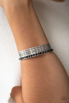 A single black rhinestone encrusted bangle joins four textured silver bangles, creating an edgy stack of shimmer across the wrist. Sold as one set of five bracelets. P9RE-BKXX-249XX Squirrel Jewelry, Paparazzi Accessories Jewelry, Bangle Bracelet Set, Stacked Bangles, Black Bracelets, Paparazzi Accessories, Silver Bangle Bracelets, Paparazzi Jewelry, Affordable Jewelry