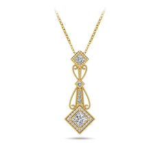 A vintage yellow gold diamond necklace design with a sparkling square princess cut diamond nestled in its center and traced with twenty six sparkling diamonds. An elegant, ornate pendant on an 18" yellow gold chain. Diamond Necklace Designs, Vintage Princess, Princess Cut Diamond, Necklace Design, Gold Diamond Necklace, Princess Diamond, Yellow Gold Chain, Princess Cut Diamonds, Vintage Yellow