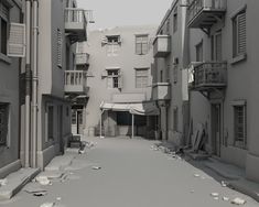 an alley way with broken windows and balconies