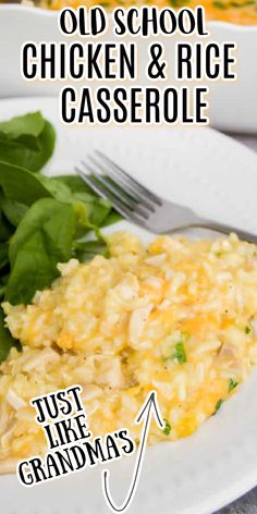 an old school chicken and rice casserole recipe on a white plate with spinach leaves