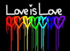 the words love is love are painted in rainbow colors on a black background with dripping paint