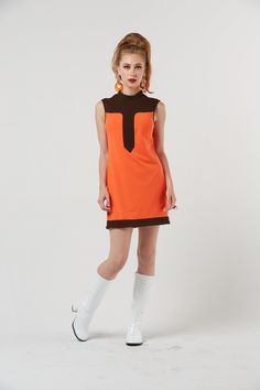 "1960's Mod/Space Age inspired dress! Made in small batches from deadstock fabrics in Los Angeles, one of a kind, limited quantity available!  Made from Deadstock High Quality Ponte (a mix of nylon, spandex and rayon) Has a great 4 way stretch in the fabric! Inspired by Marlo Thomas herself, this orange and brown dress is a real show stopper and unbelievably comfortable! Available in sizes XS-XL! (once a size sell out, that is it until a restock) Size information: XS: Bust 33-34\" |  Waist 25-26 Retro Sleeveless Brown Dress, Retro Brown Sleeveless Dress, Mod Style Sleeveless Orange Dress, Kitsch Outfit, Collab Photoshoot, Hip Huggers, Marlo Thomas, 1960’s Fashion, Costume Sewing