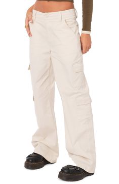 Keep your casual look on point with these classic wide-leg cargo pants in lightweight cotton twill. 100% cotton Machine wash, tumble dry Imported Cotton Wide-leg Cargo Pants With Pockets, Beige Cargo Pants With Cargo Pockets For Fall, Beige Cotton Cargo Pants With Multiple Pockets, Fall Beige Cargo Pants With Cargo Pockets, Beige Wide Leg Cargo Pants With Cargo Pockets, Trendy Beige Cotton Cargo Jeans, Beige Utility Wide Leg Pants With Side Pockets, Beige Cotton Cargo Jeans, Baggy Beige Cotton Cargo Jeans