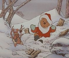 an animated christmas scene with santa claus and other characters in the snow surrounded by trees