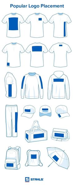 the blue and white design is shown in this graphic style, with different items to choose from