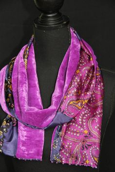 "Elegant and soft, two sided velvet scarf. One side is made of plain silk velvet (30% silk, 70% viscose) in beautiful purple/violet, the other side is 100% silk with classic abstract pattern in two shades of purple, golden yellow and ivory. Both shorter edges of the scarf are decorated with a single row of tiny beads in matching golden colour. A small, handmade detail that makes the scarf unique and chic. The scarf is gorgeous to touch and very gentle for the skin.  Size: 32 x 165 cm (12,5\" x 6 Purple Silk Scarves For Formal Occasions, Elegant Purple Silk Scarf, Formal Purple Silk Scarves, Formal Purple Silk Scarf, Purple Silk Shawl Scarf, Elegant Velvet Shawl Dupatta, Purple Silk Scarf As A Gift, Purple Silk Bohemian Scarves, Elegant Purple Shawl Scarves