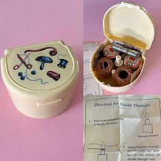 two pictures one with sewing needles and the other with knitting thread in a small box