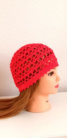 "Women's Crochet Summer boho Girls summer hat red summer skull hat 100% cotton tams hat Womens Summer Cotton beret Ladies lace summer hat READY TO SHIP This women's summer hat is crochet in beautiful red colour and it is made of mercerized 100% cotton yarn, so this summer hat will keep you always trendy this season. Size will fit women's heads with a 58-59 cm/ 23\" head circumference. This hat is mashine washable (60oC) and dry it flat. All items from MaijaAccessories are made and maintained in a 100% smoke-free environment.  Because of different monitors and screen resolutions, color may look different on the screen than in reality. Other items in my shop can be viewed at https://www.etsy.com/shop/MaijaAccessories?ref=search_shop_redirect Thank you for visiting and supporting my Etsy stor Summer Hat With Crochet Lace, Red Brimmed Crochet Hat For Summer, Handmade Red Crochet Hat For Summer, Summer Crochet Cap Made Of Cotton Yarn, Red One-size Crochet Hat For Beach, Red Crochet Hat For Beach, Summer One Size Cotton Crochet Hat, One-size Red Crochet Hat For The Beach, One-size Red Crochet Hat For Beach