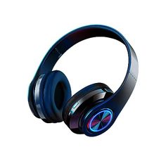 an image of headphones that are blue and red with glowing lights on the side