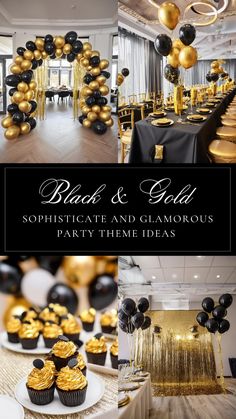 black and gold themed party with balloons