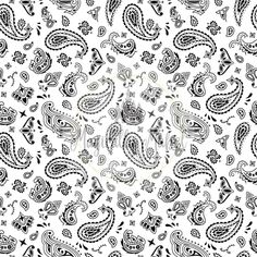 an abstract black and white paisley pattern with swirls, dots and leaves on a white background