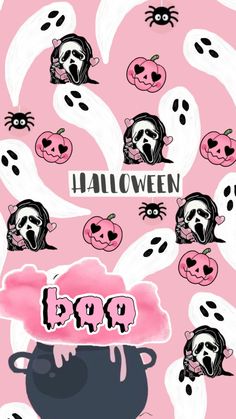 a pink halloween background with black and white skulls