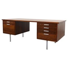 a wooden desk with two drawers and metal legs