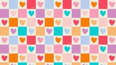 many hearts are arranged in different colors and sizes on a checkerboard pattern background