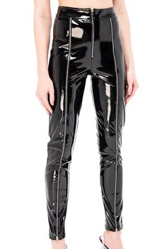 Skinny vinyl pants featuring a zip design, shiny finish, and banded high-rise waist. The model is wearing size S Fabric Info: 100% Polyester Size Bust Waist Hips S-M 34-35 26-27 35-36 M-L 36-37 28-29 38-40 If the product or your size is unavailable please sign up to notify me when back in stock on the product page. Vinyl Pants, Zip Design, Black Tweed, Back In Stock, Me When, Product Page, Leather Pants, Capri Pants, Sign Up