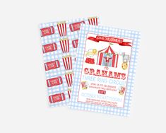 a circus birthday party ticket card with popcorns on the front and in the back