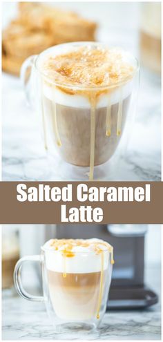 salted caramel latte in a glass mug with the text, salted caramel latte