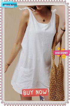 Pockets Sleeveless Casual Linen Romper Chic Sleeveless Summer Vest, Sleeveless Cotton Vest For Summer, White Sleeveless Summer Vest, White Casual Sleeveless Vest, Sleeveless Cotton Vest For Beach, Sleeveless Cotton Beach Vest, White Sleeveless Top With Pockets, Beach Sleeveless Cotton Vest, Cotton Tank Top With Pockets For Summer