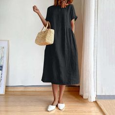 This Kiplyki casual dress fabric is very soft, stretchy and lightweight, super comfortable against to your skin.  Features: casual style, short rolled sleeve, soft and stretchy, Loose dress, comfortable to wear.This casual dress is above the knees and long enough that you wouldn't need to wear leggings with it if you don't want to.It is easy to put on or put off.  US SIZE: Small (US 4-6), Medium (US 8-10), Large (US 12-14), X-Large (US 16-18), XX-Large(US 20-22).This women's casual loose dress is available in a variety of solid colors and print colors to suit your personal style.  Occasion: This Kiplyki plain casual T shirt Dress is glad for daily, beach, going out, party, work, casual wear.It's an easy answer the typical 'what should I wear today' dilemma. It is so casual that you might b Casual T Shirt Dress, Linen Fashion, Cotton Linen Dresses, Royal Blue Dresses, Midi Dress Casual, Daily Dress, Loose Dress, Women's Summer Fashion, Linen Dress