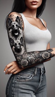 a woman with a tattoo on her arm and two dogs in the middle of her arm