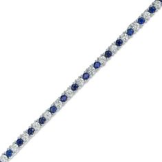 Dainty and dazzling, this tennis bracelet increases the sparkle factor of any attire. Crafted in sterling silver, this simply glistening style showcases alternating 2.0mm lab-created bright blue and shimmering white sapphires. Buffed to a brilliant luster, this 7.25-inch bracelet secures with a box clasp. Sapphire Cubic Zirconia Tennis Bracelet, Sapphire Color Brilliant-cut Cubic Zirconia Bracelets, Sapphire Tennis Bracelet Fine Jewelry With Prong Setting, Blue Brilliant Cut Tennis Bracelet Gift, Blue Brilliant Cut Tennis Bracelet For Gift, Classic Sapphire Tennis Bracelet With Prong Setting, Blue Cubic Zirconia Tennis Bracelet With Brilliant Cut, Sapphire Tennis Bracelet With Round Diamonds, Sapphire Tennis Bracelet With Diamond Accents