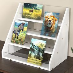 a white book shelf with paintings on it