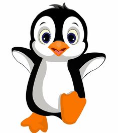 a cartoon penguin with big eyes and an orange beak is standing on one leg while looking at the camera