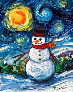 a painting of a snowman with the starry night in the sky behind it