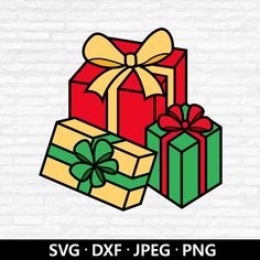 three wrapped presents with bows and ribbons on white brick wall background, svg dxf file