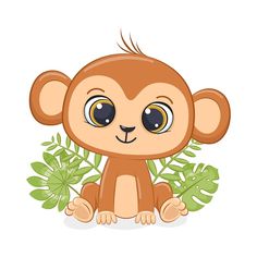 a cartoon monkey with big eyes sitting in front of some green leaves and looking at the camera