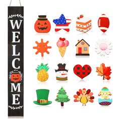 PRICES MAY VARY. Interchangeable welcome sign: receive 1 piece large welcome sign for front door with 16 pieces seasonal icons, each icon represents a different season, festival or state, help to greet your friends in a new way Long-term use: the hanging vertical welcome sign for front porch is made of natural and quality wood material, sturdy and reliable to use, won't break or get corroded; Each seasonal decor comes with strong stickiness on the back, which fall easily Impress your guests: the Interchangeable Welcome Sign, Large Welcome Sign, Welcome Sign Wood, Sign For Front Door, Modern Porch, Porch Welcome Sign, Hanging Door, Harvest Thanksgiving, Front Porch Decorating