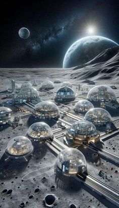 an artist's rendering of a space station on the moon with planets in the background