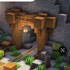 a screenshot of a train coming out of a tunnel in a minecraft village