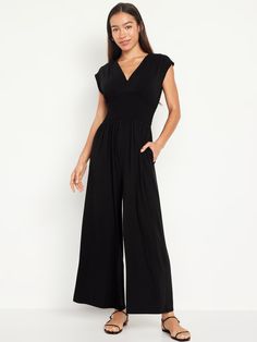 Waist-Defined Shirred Jumpsuit | Old Navy Shirred Jumpsuit, Jack Black, Petite Size, Jumpsuits For Women, Smocking, Old Navy, Jumpsuit, V Neck, Navy