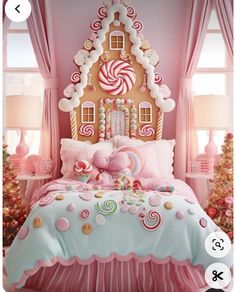 a bed with pink and white decor in a bedroom next to a window filled with candy canes