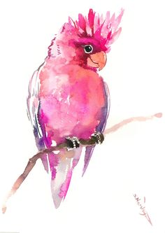 a watercolor painting of a pink bird sitting on a branch with its head turned to the side