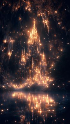 a castle lit up at night with lights reflecting in the water