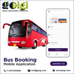 a red bus is parked next to a white and blue bus with the words bus booking mobile application on it